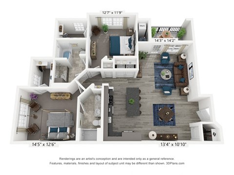 Floor plan for 2 beds, 2 baths, 1281 sqft